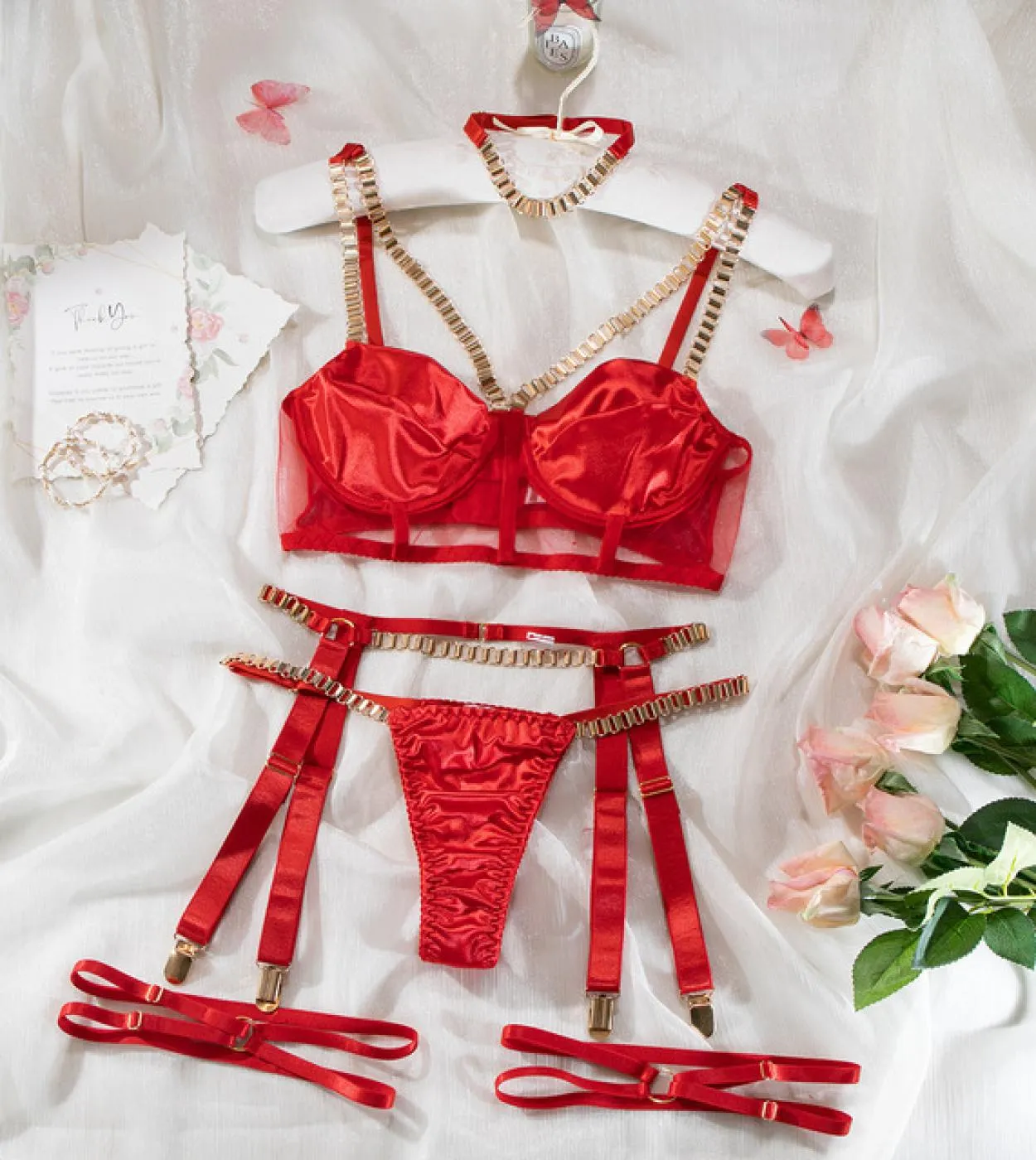 Yimunancy Set di biancheria intima con catena in metallo Girocollo da donna 4 colori Kit di giarrettiera Set di biancheria intim
